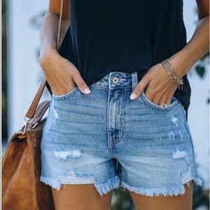 High Rise Distressed Denim Shorts